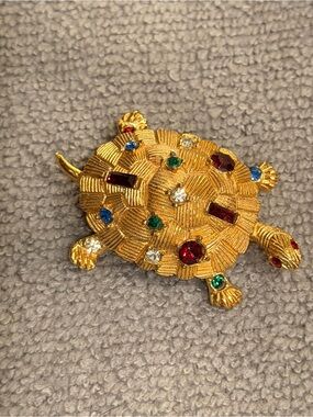 Gold Turtle Brooch with Multicolor Rhinestones